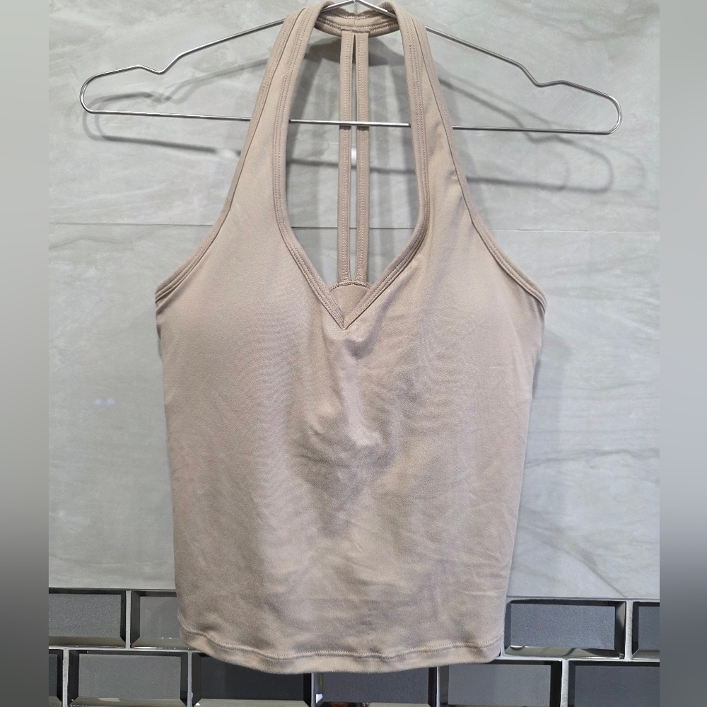 Women’s Halter Tank Top in Light Beige — Slim V-Neck Build In Bra